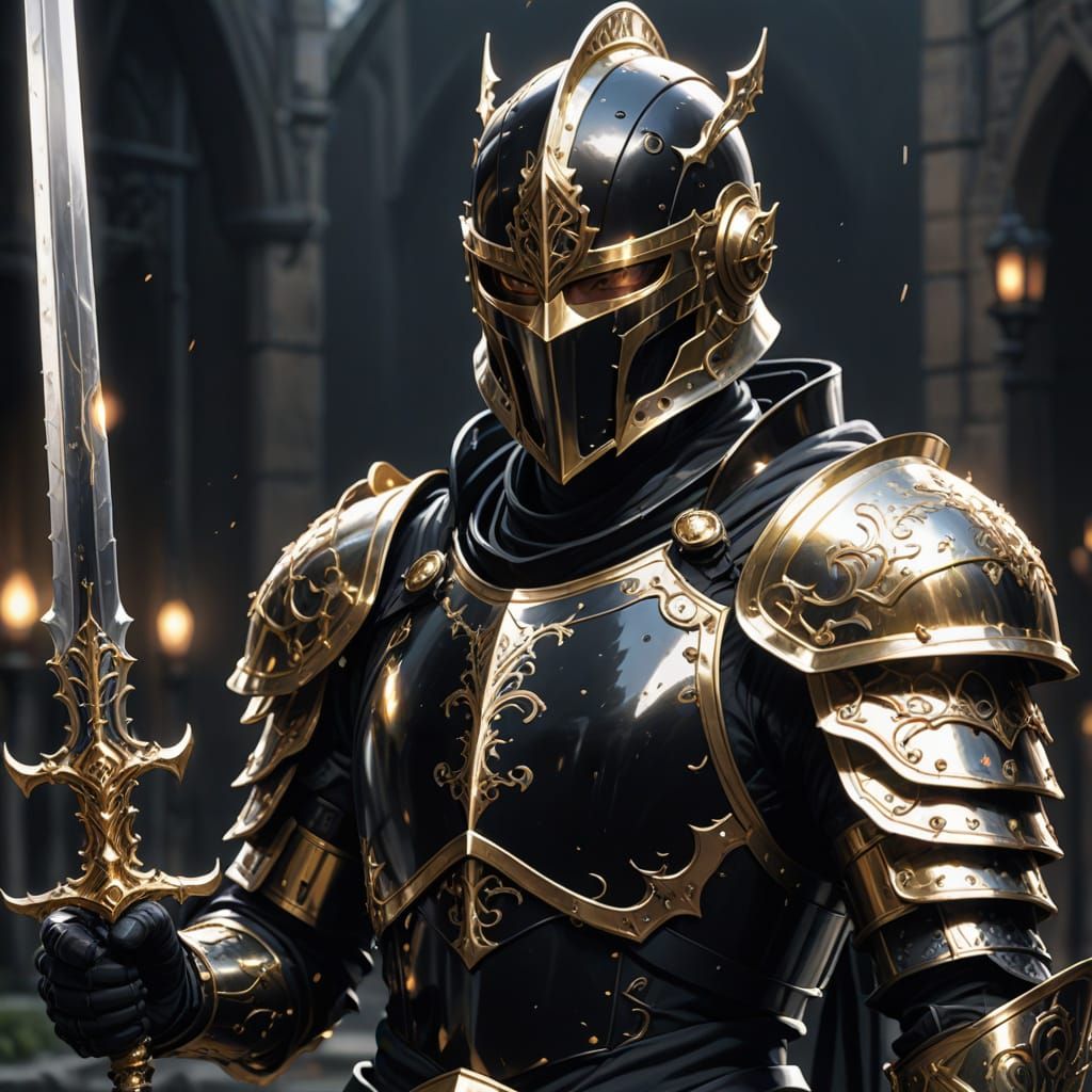 Royal Knight in Black and Gold Armor, 3D Anime Style