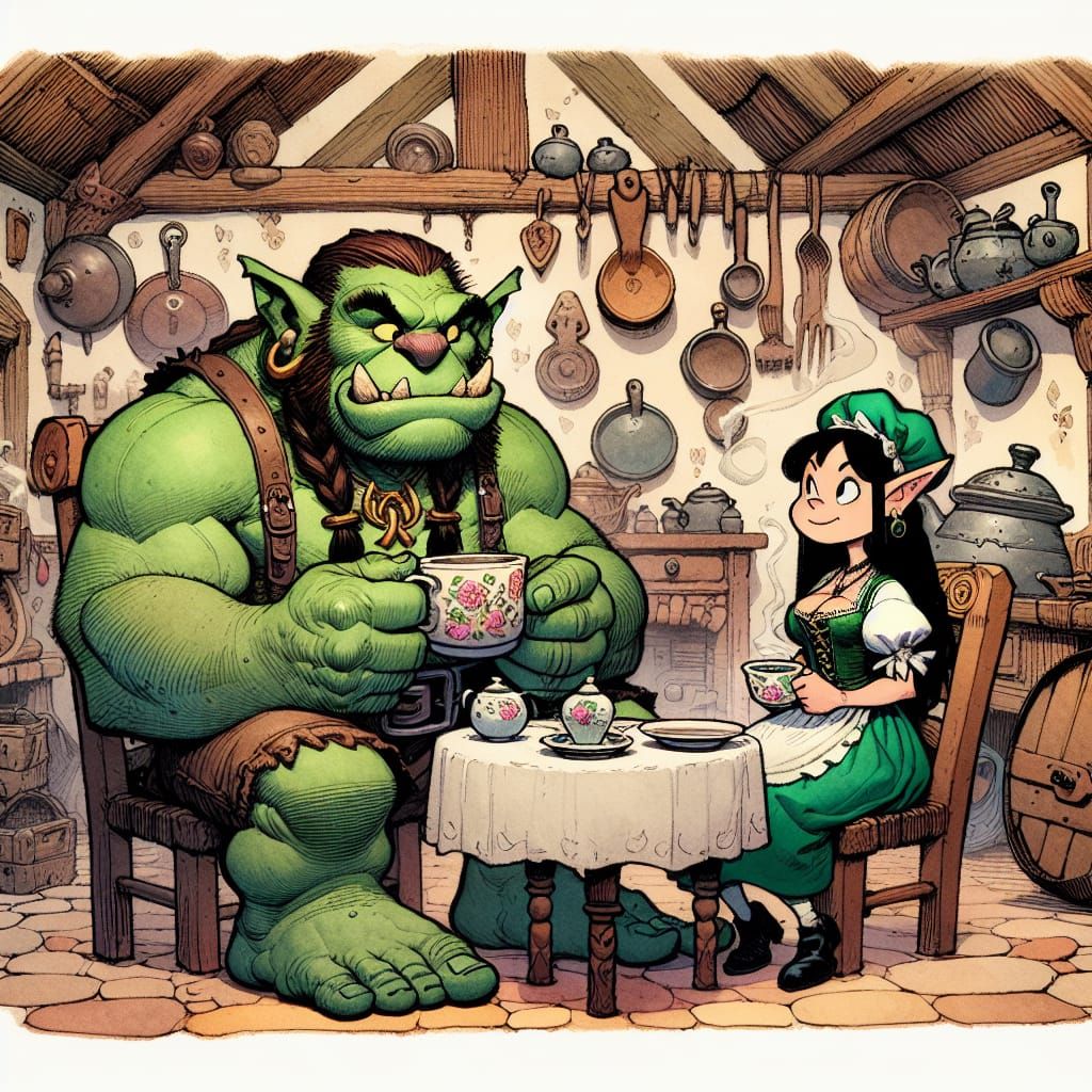 Orc Barbarian and Elf Enjoying Tea: Digital Watercolour Cart...