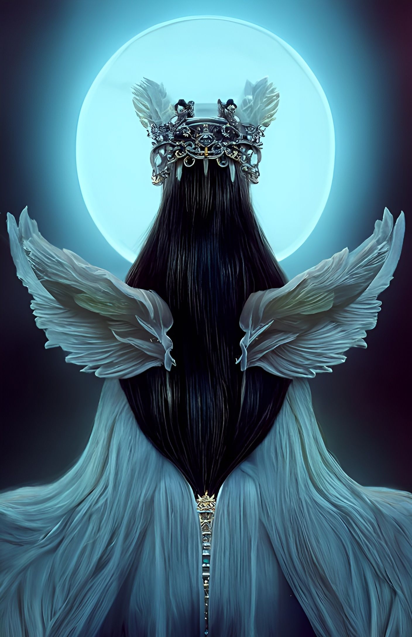 Crowned Angel Gazing at the Moon: Digital Art
