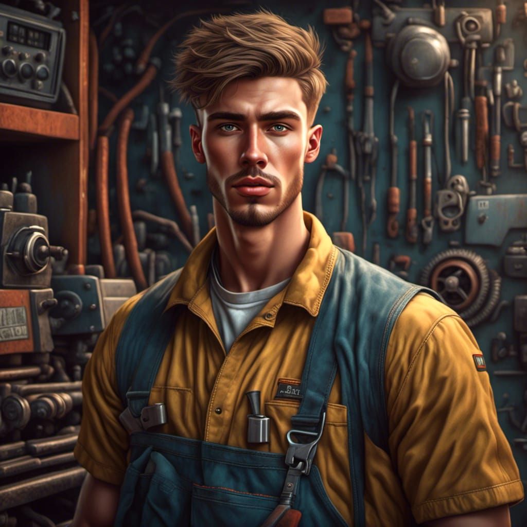 Handsome Mechanic Portrait in Illusional Style