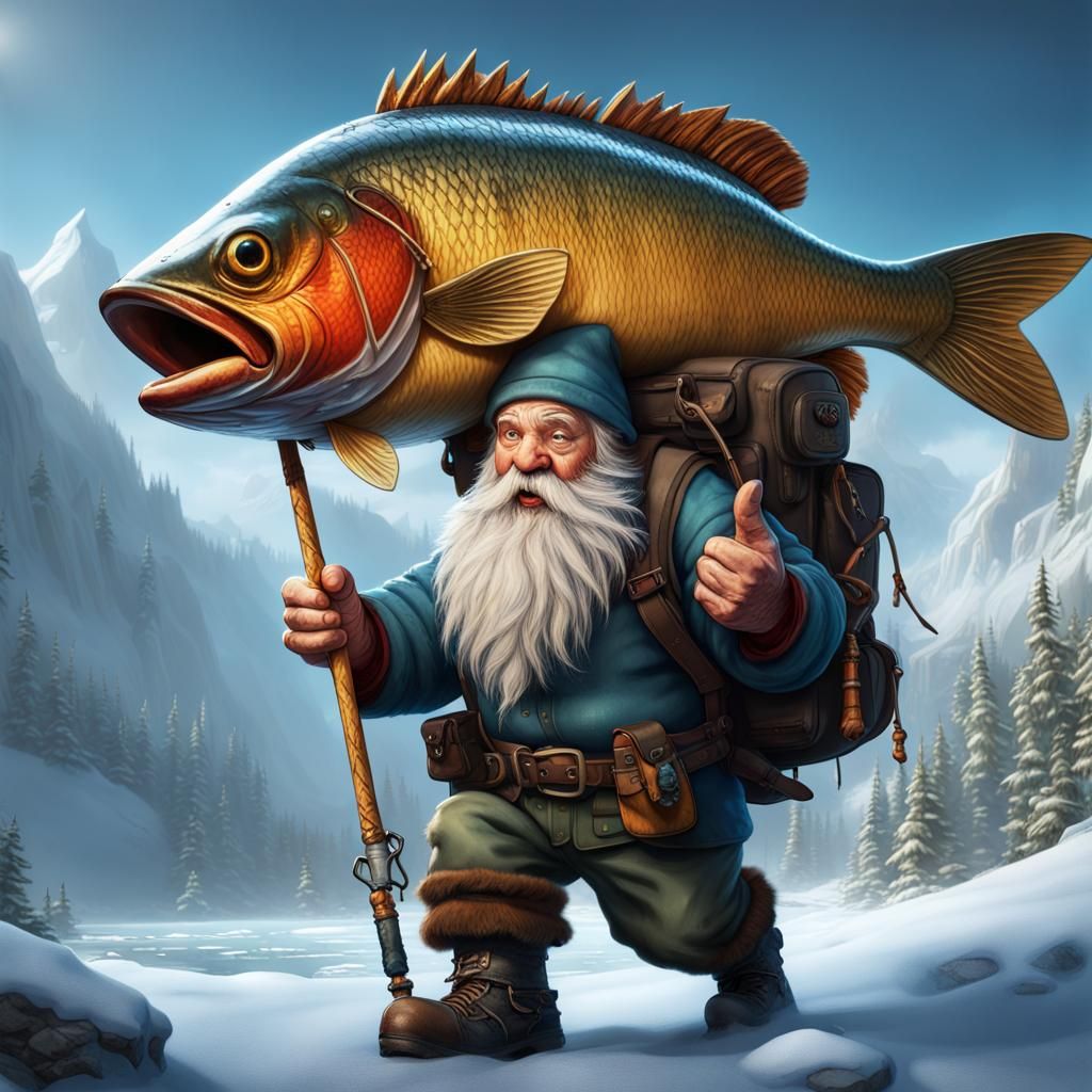 Dwarf Ice Fisherman with Catch: Detailed Matte Painting