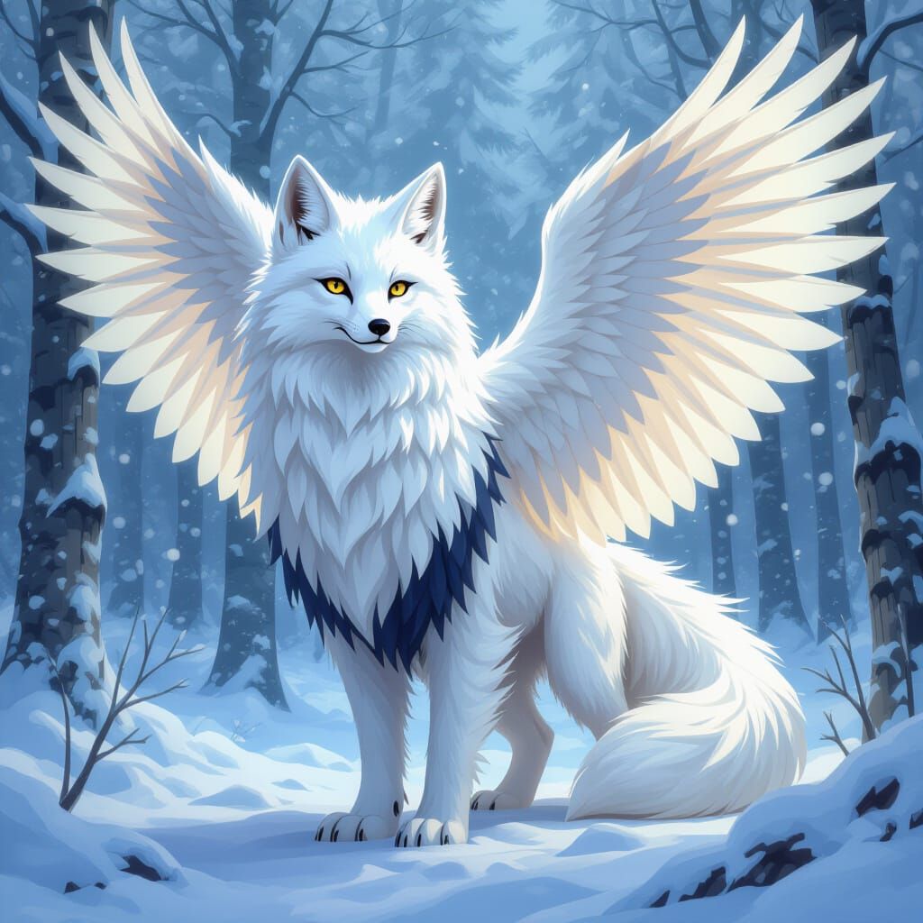 Majestic Griffin and Arctic Fox Hybrid in Digital Art