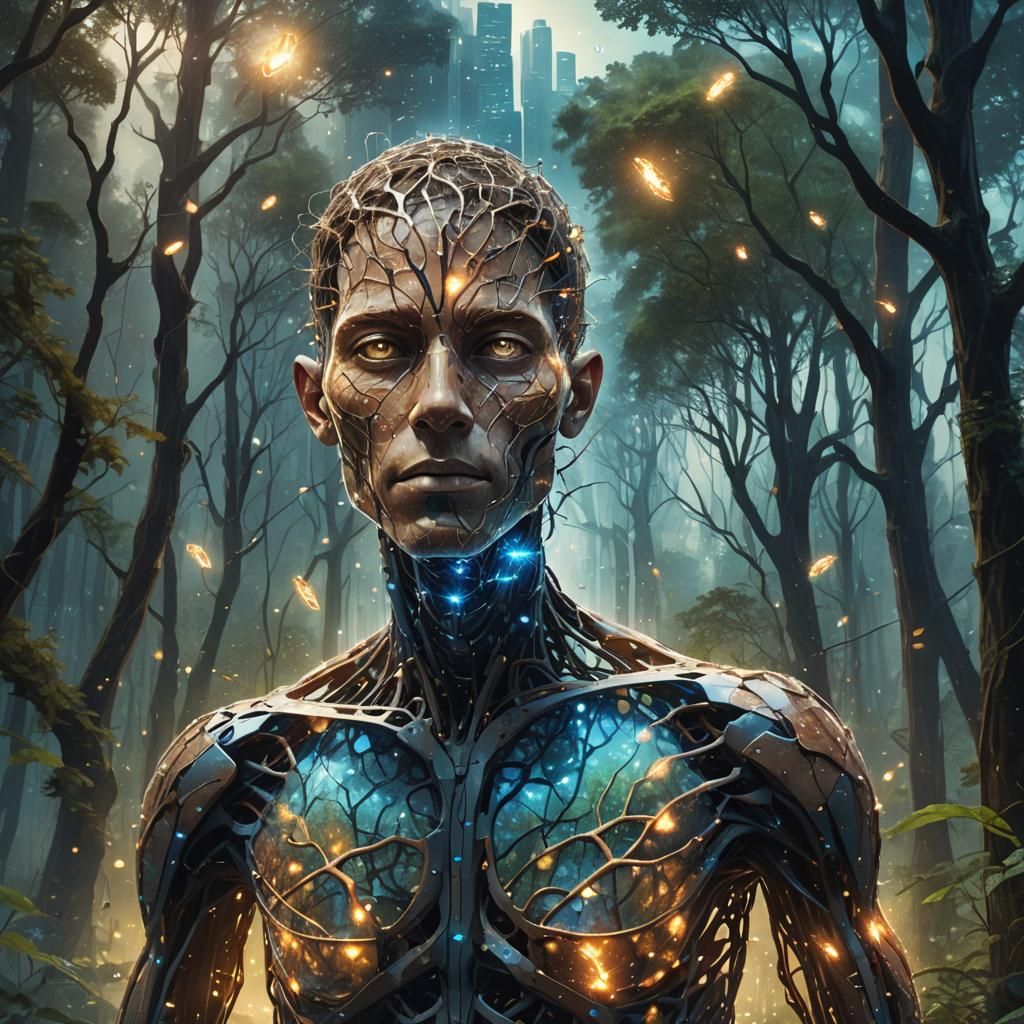 Biomechanical Humanoid Figure in a Bioluminescent Forest