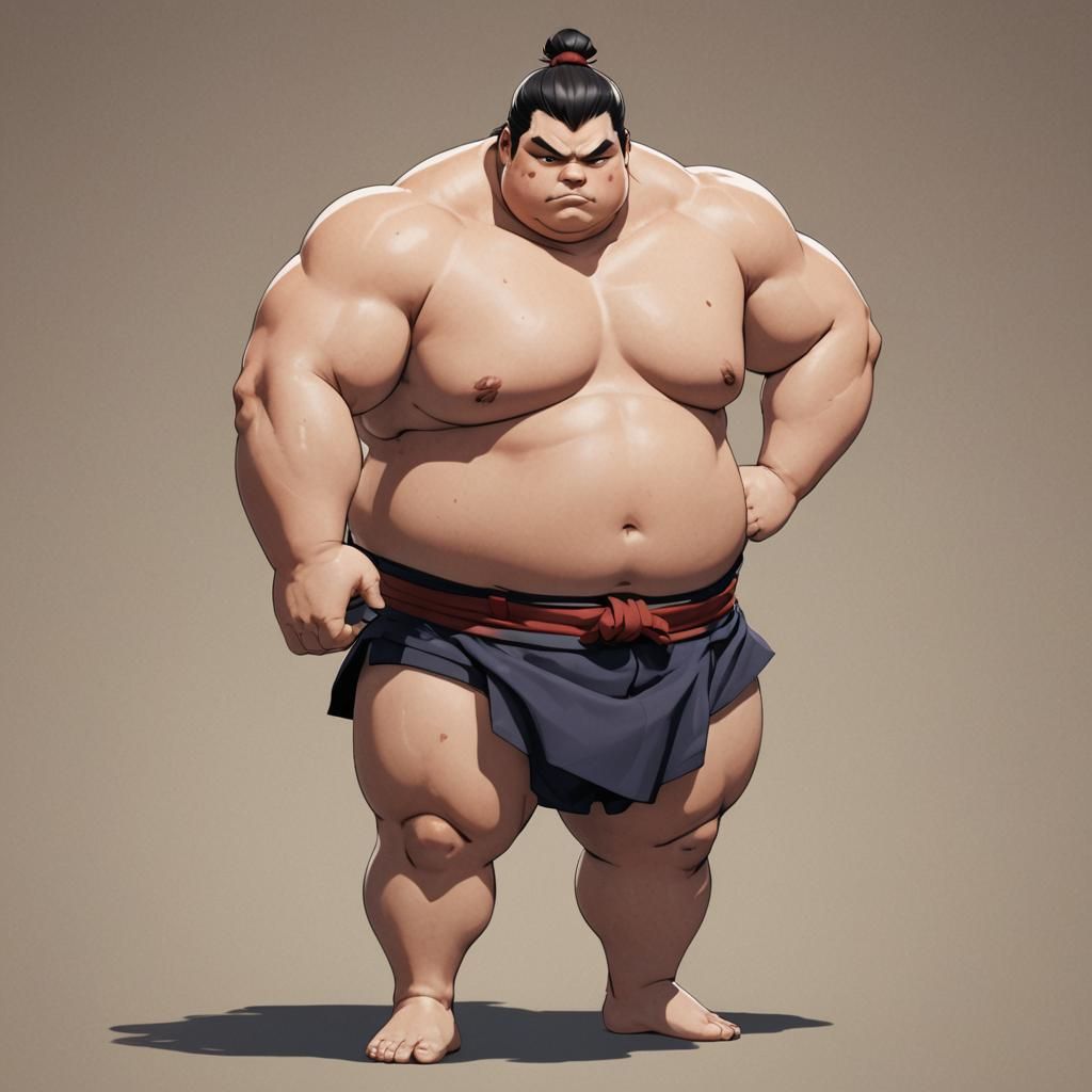 Cute Chubby Anime Sumo Character, Cel-Shaded Style