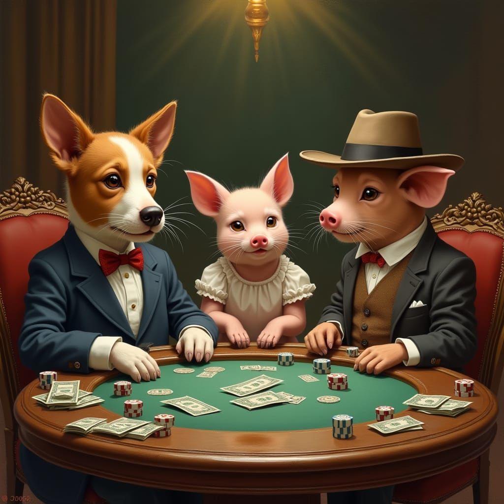 Animals Play Poker in Vintage Illustration Style