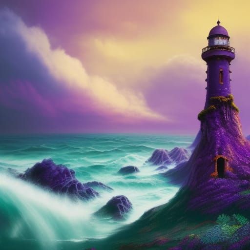 Mystical Purple Lighthouse on Mossy Cliff