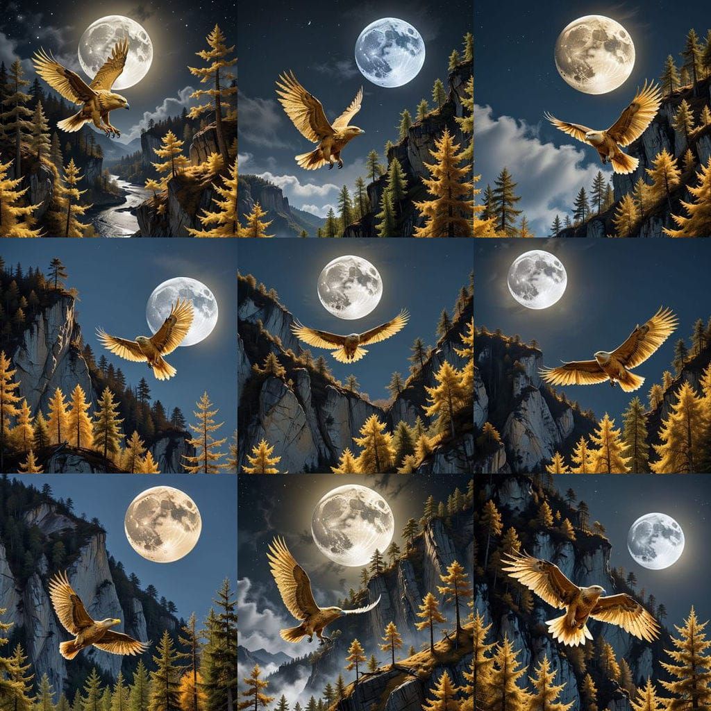 Golden Eagle Soars into Lunar Glow amidst Majestic Forest an...