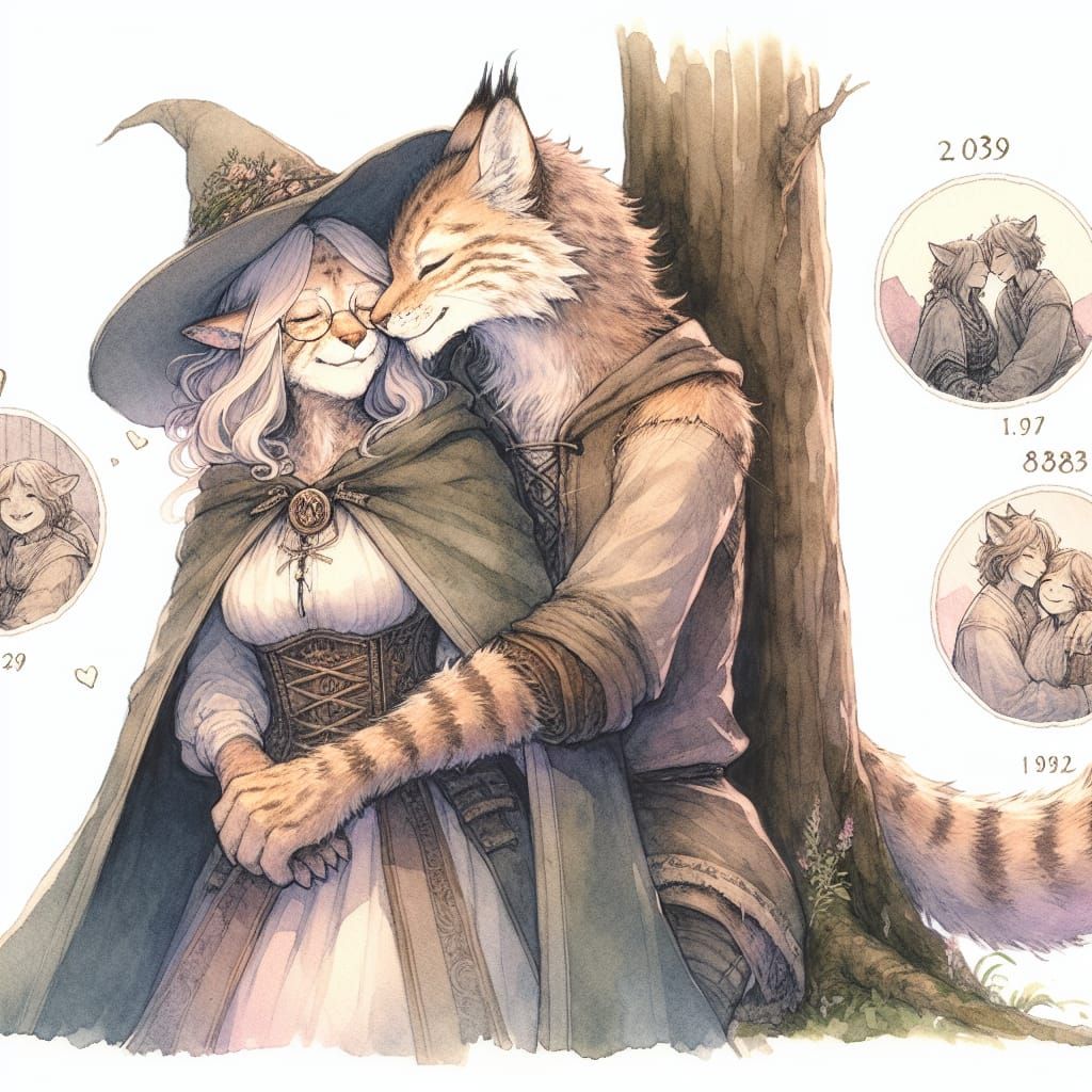 Elderly Lynx Couple Embrace in Anime Style