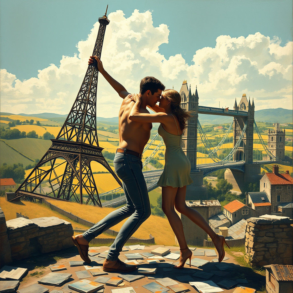 Eiffel Tower Man Wrestles London Bridge Woman