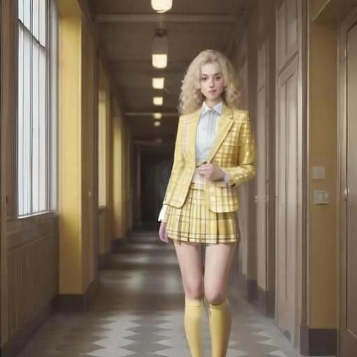 Blonde Girl in 80s Yellow Checkered Outfit