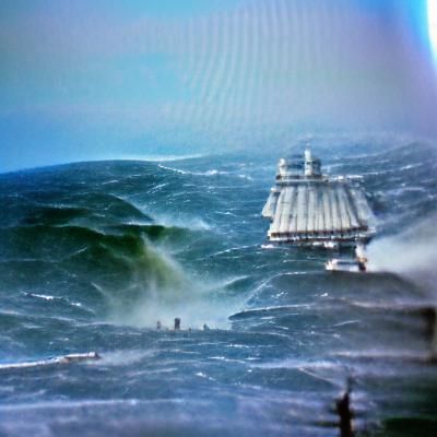 Ship Navigating Massive Ocean Swells Blocking Horizon