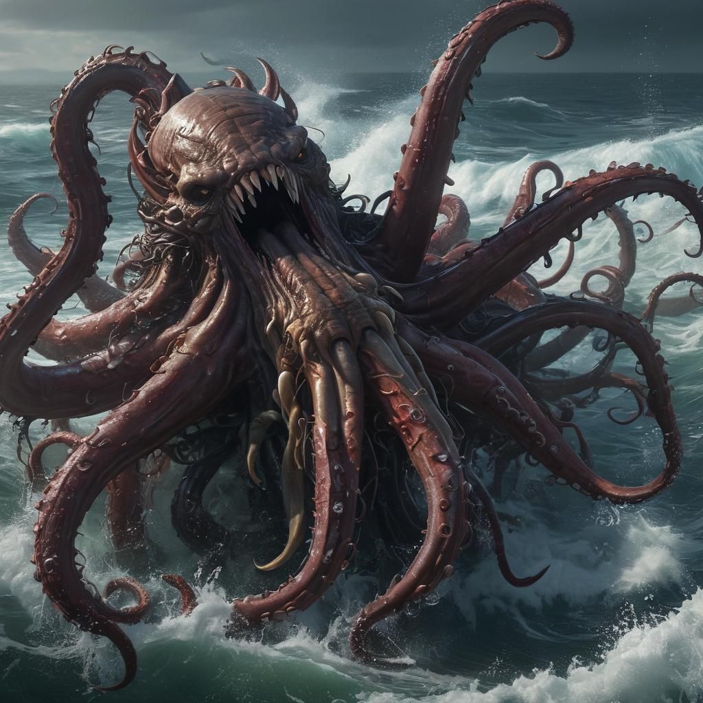 Colossal Ocean Beast Roaring: Dark Fantasy Art