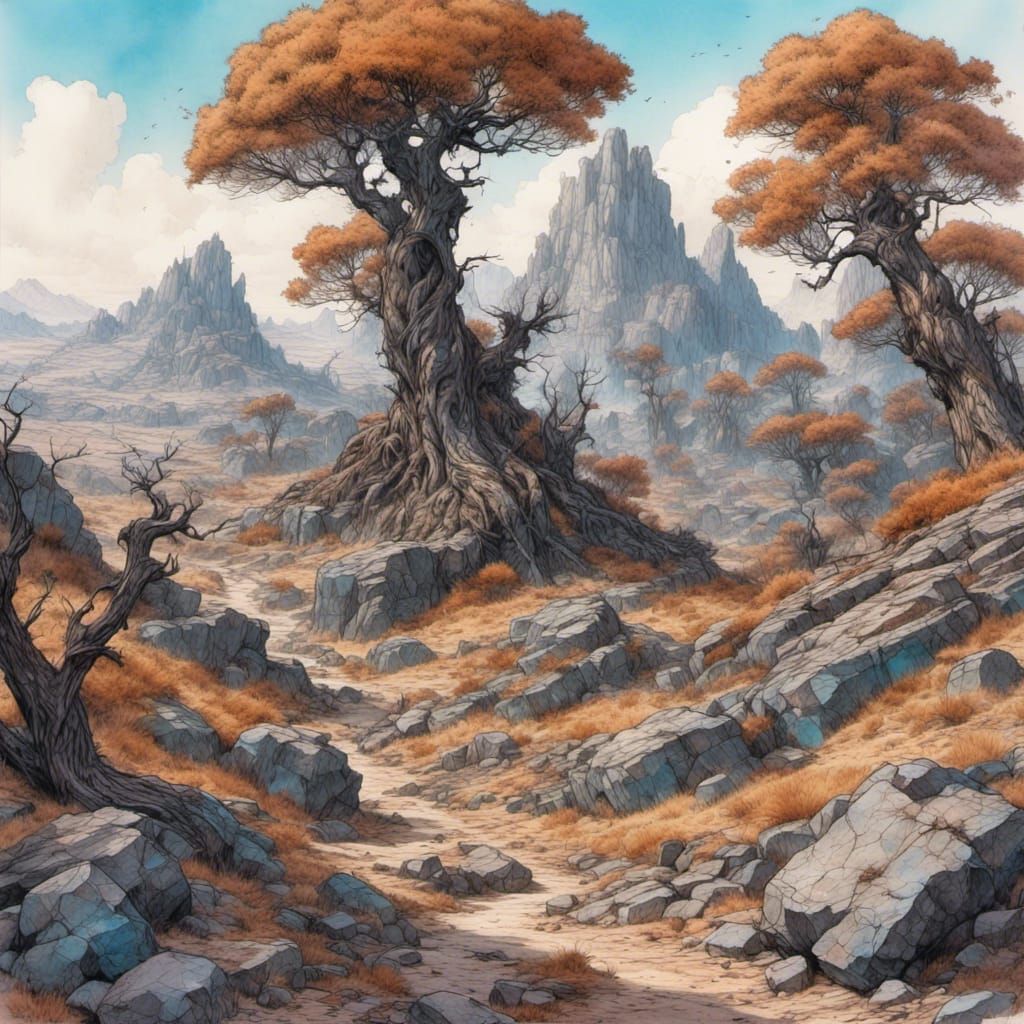 Colorful Hellscape of Rocky Fissures and Twisted Trees