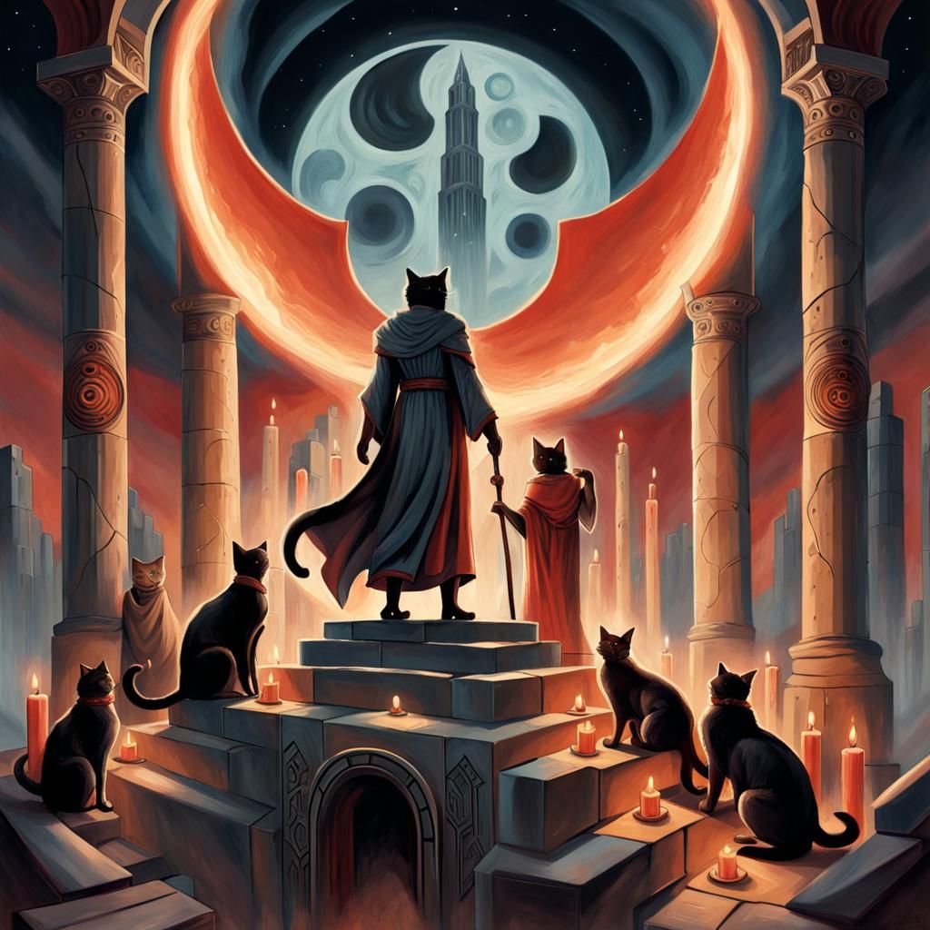 A low Dutch angle depicts robed cultists encircling candles ...