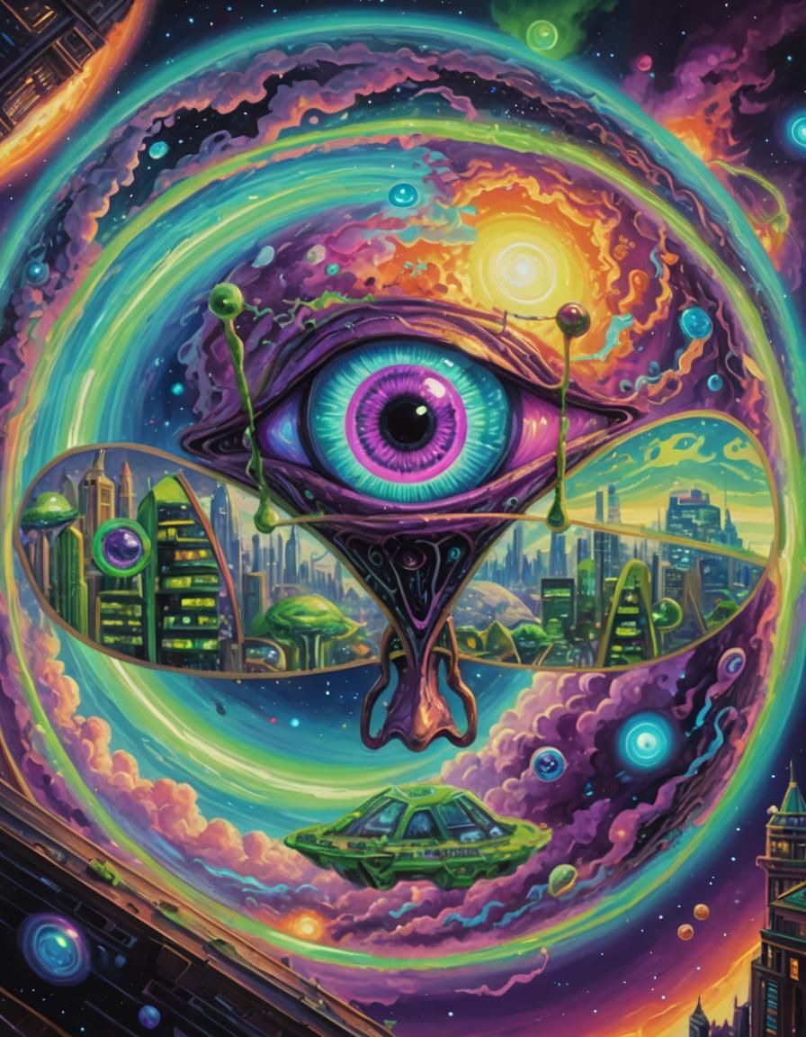 Surreal Three-Eyed Planet Reflecting Neon Cities