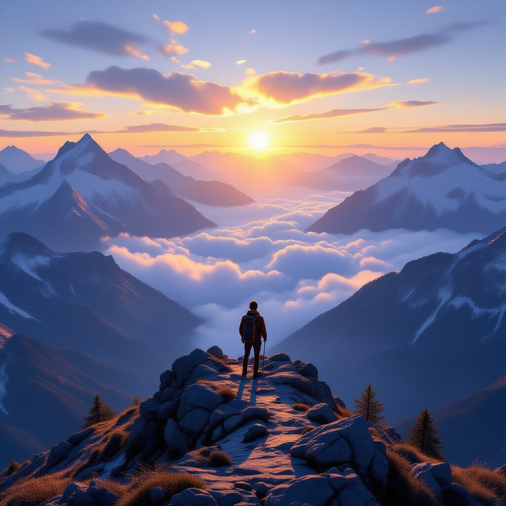 Solitary Hiker on Windswept Peak at Sunrise