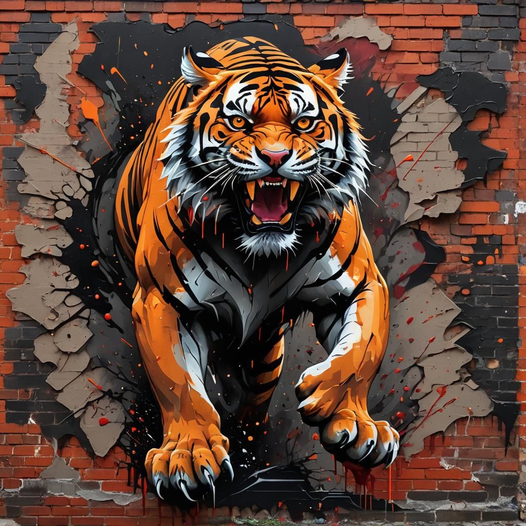 Furious Tiger Bursting Through Brick Wall Graffiti