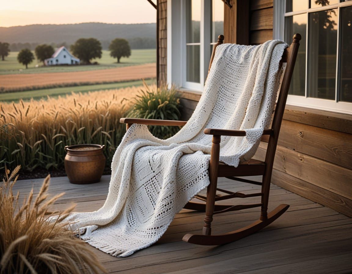 Rustic Farmhouse Porch at Dusk with Wheat Fields