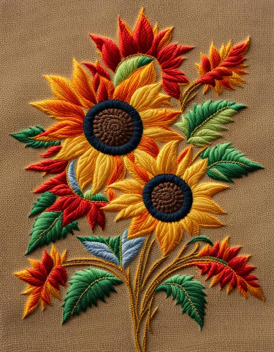 Sunflower Embroidery in Vibrant Imperial Colors