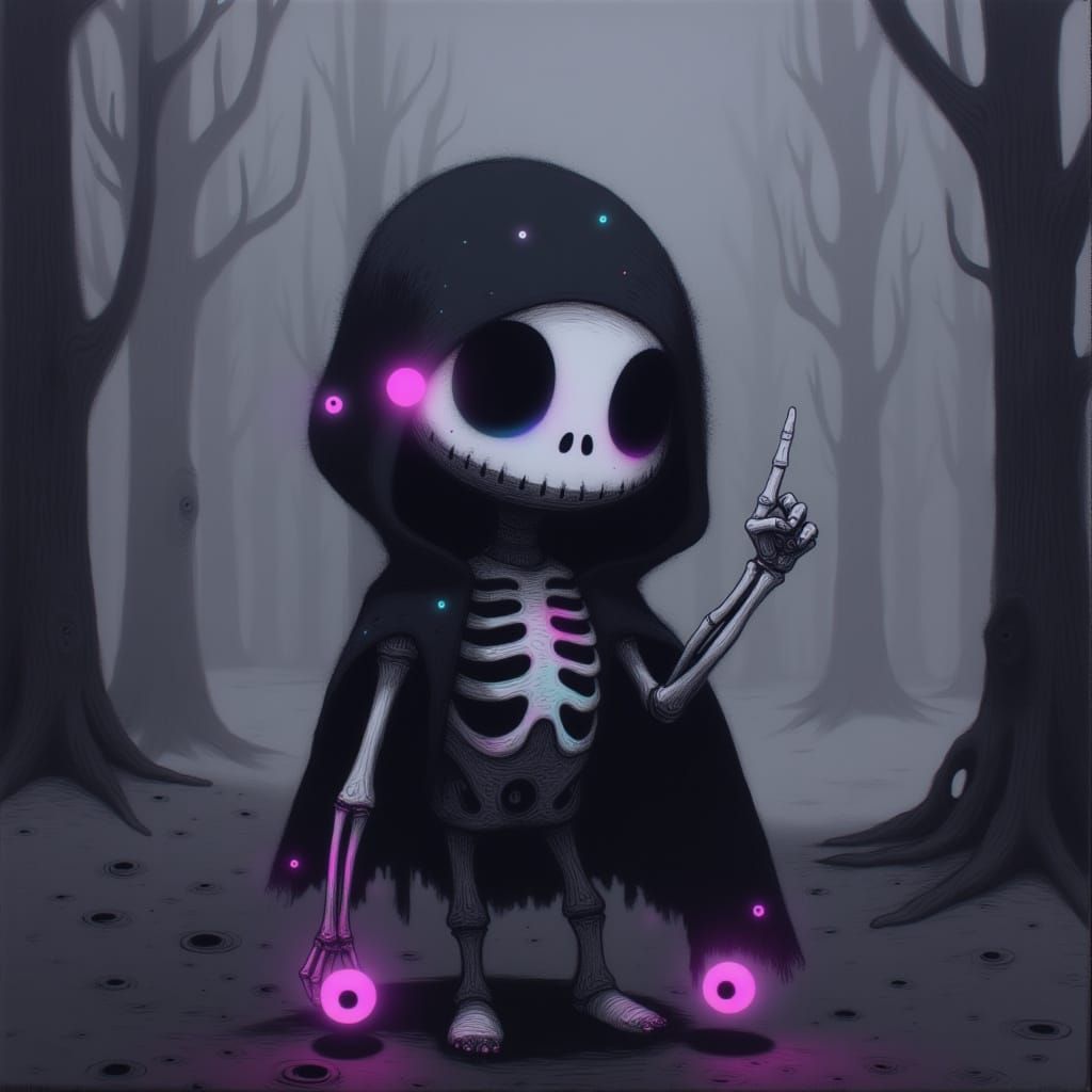 Kawaii Skeleton in Hooded Cloak with Neon Lighting