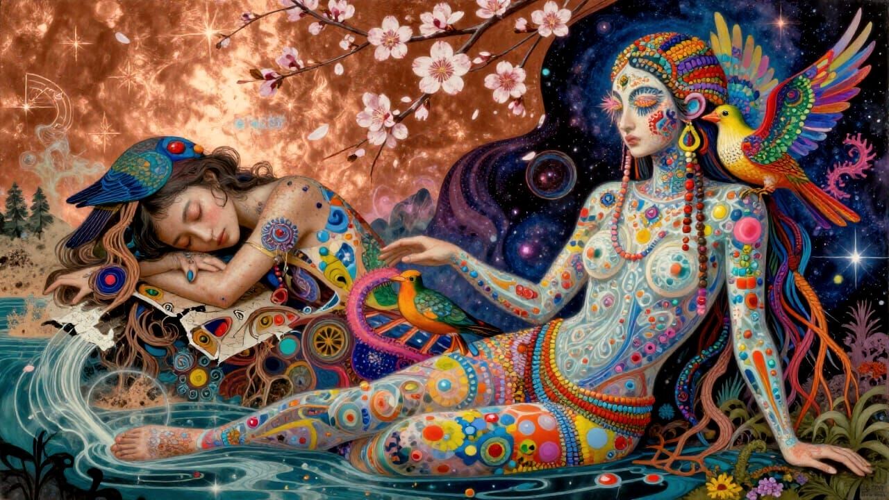 Mystical Shaman's Astral Journey in Vibrant Cosmic Landscape