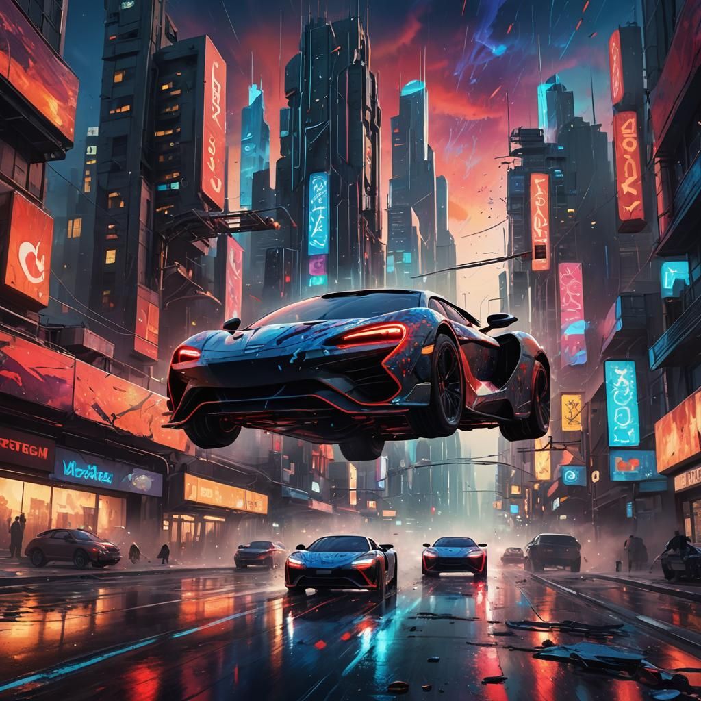 McLarens in Futuristic City, Surreal Digital Art