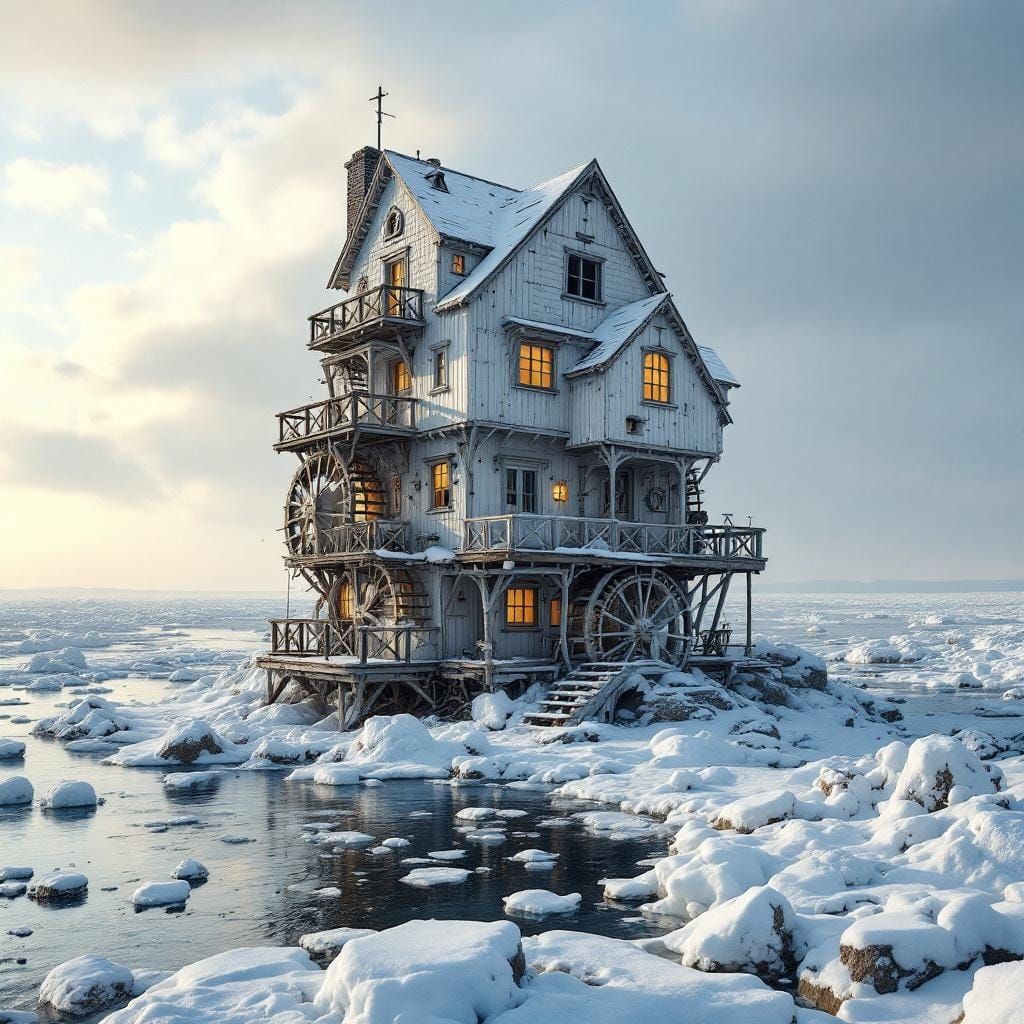 Icepunk Waterwheel House on Frozen Island