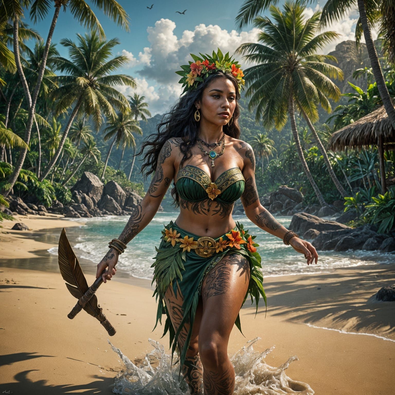 Polynesian Hula Girl on Tropical Beach in Tiki Pin-Up Style