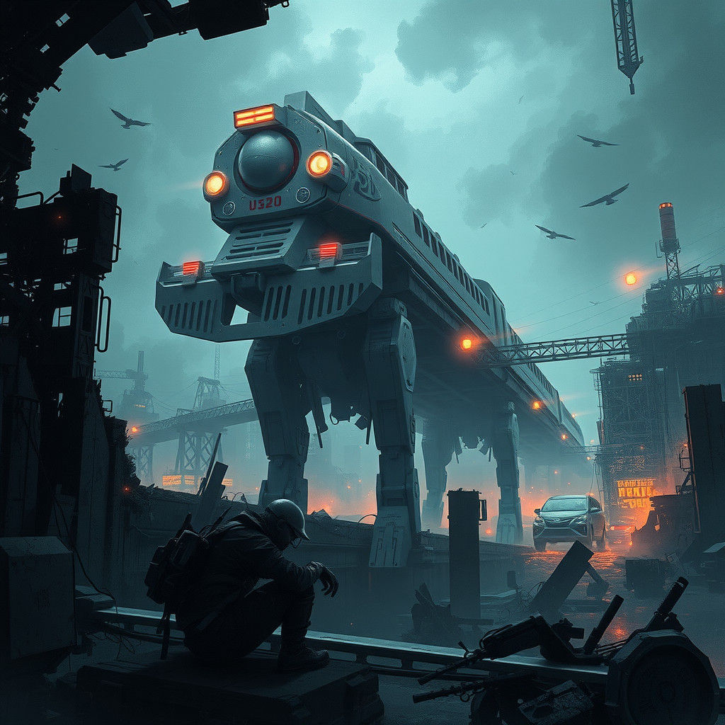 Cyborg in Dystopian City Under Mecha Train Bridge