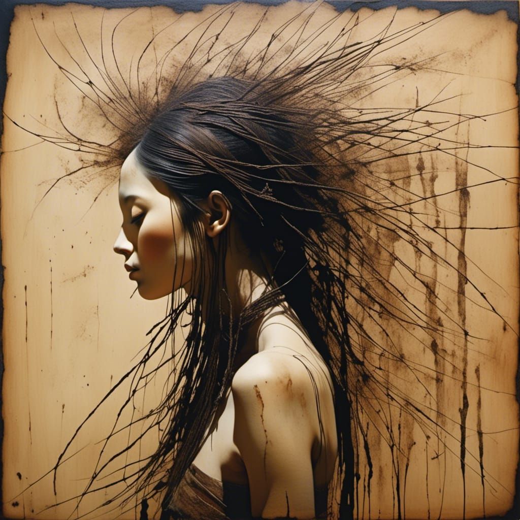 Ethereal Nymph with Seed Pods in Sosaku Hanga Style