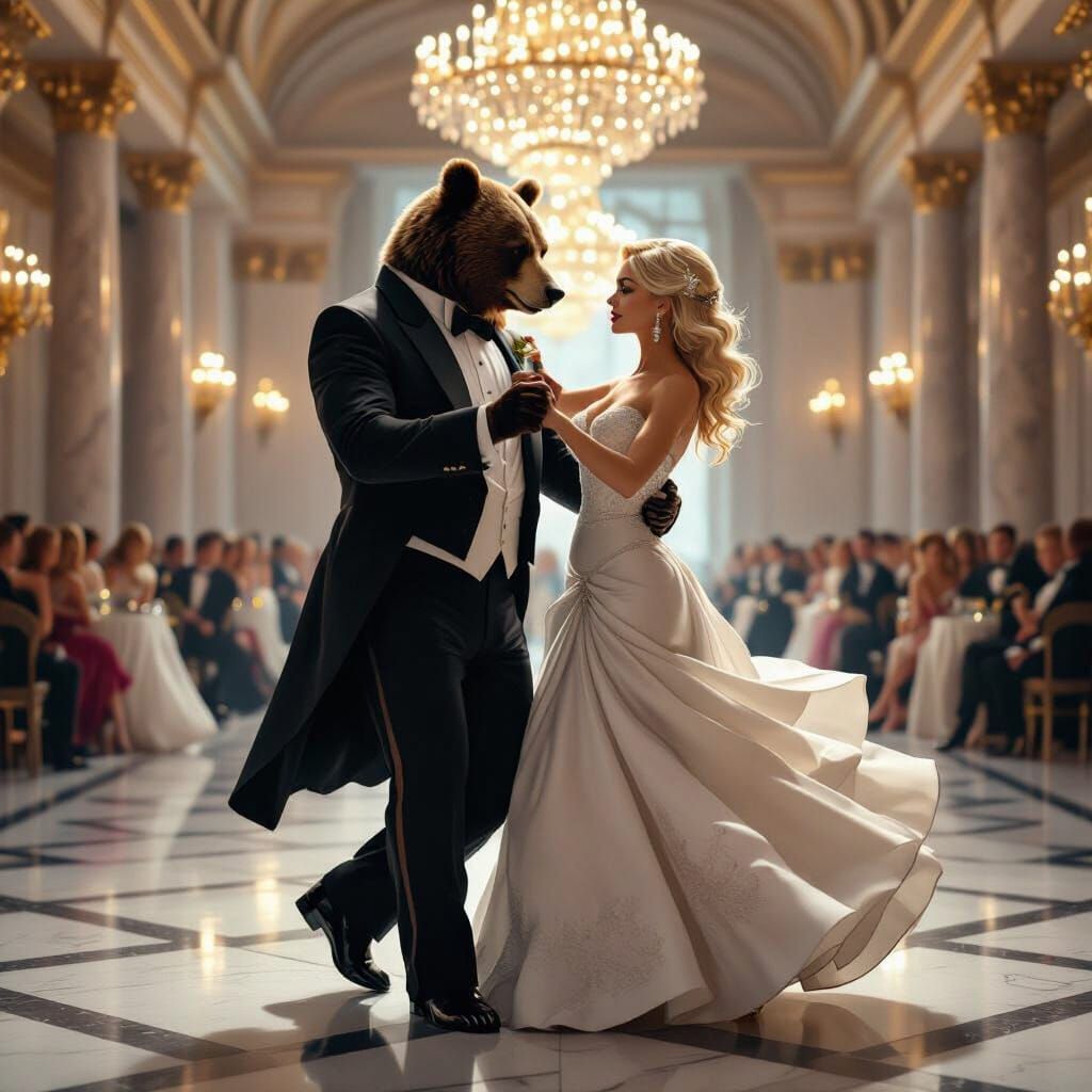 Bear Dances with Woman in Lavish Ballroom