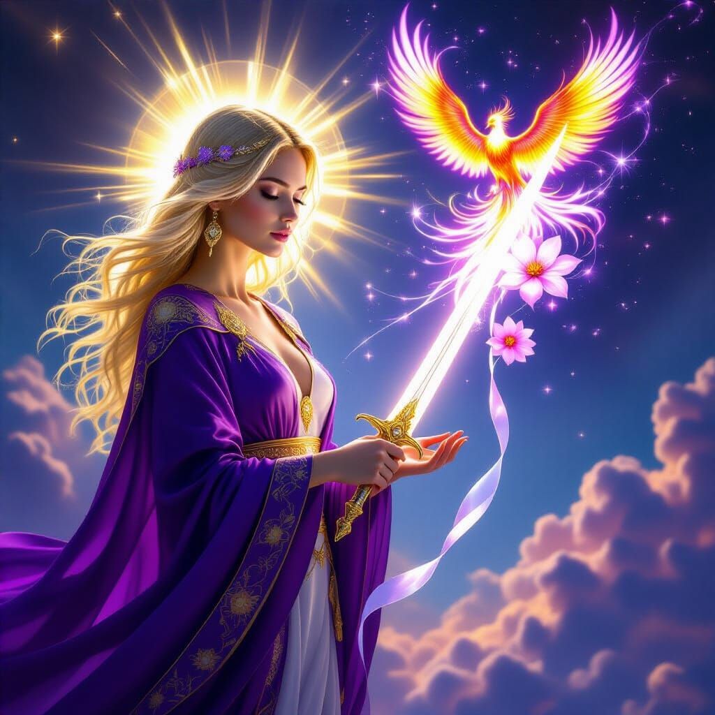 Divine Rebirth: Woman Cuts Thread of Past with Light Sword