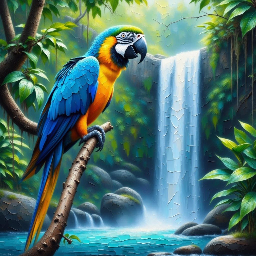 Macaw in Jungle Waterfall Scene, Cracked Impasto Style