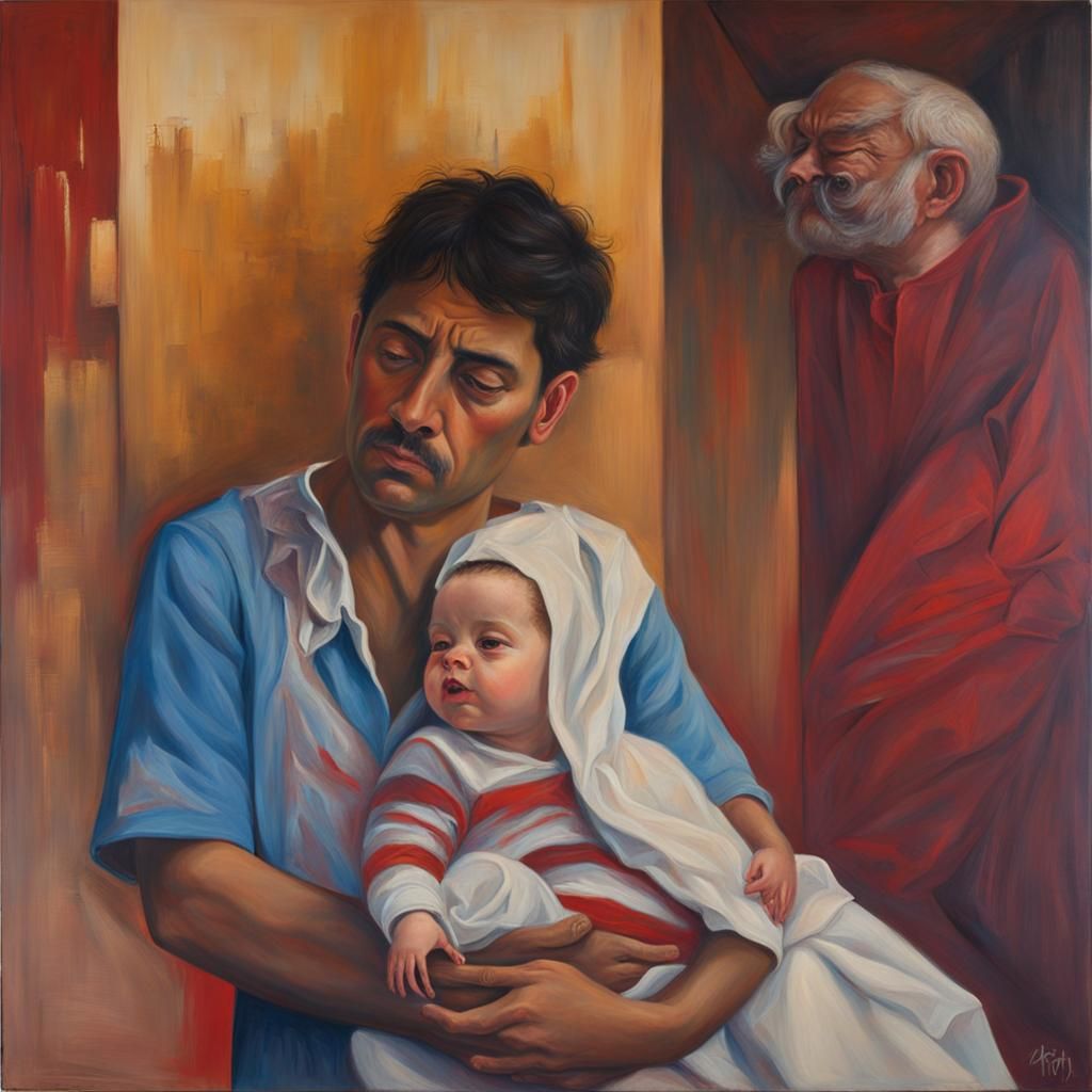 Exhausted Man with Baby: An Impasto Oil Painting