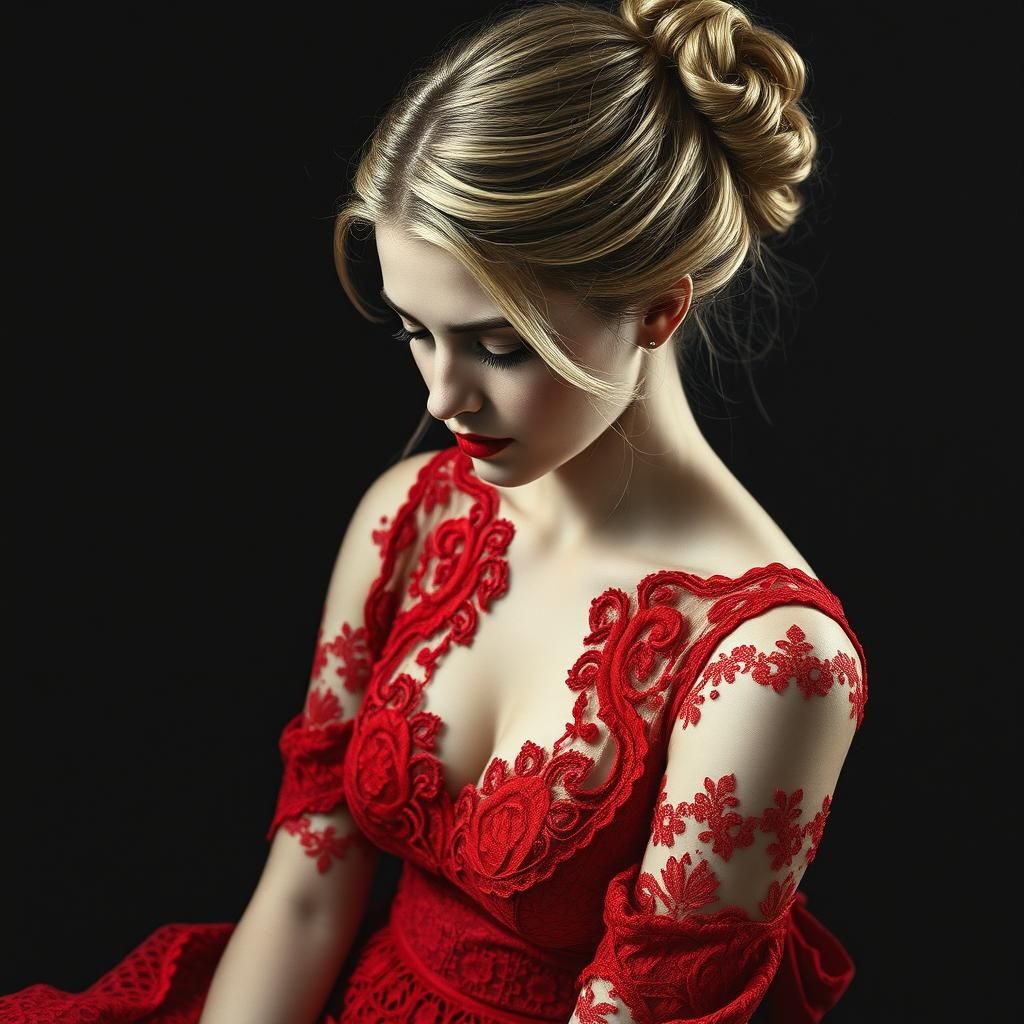 Play of light and shadow. A young woman with bright scarlet ...