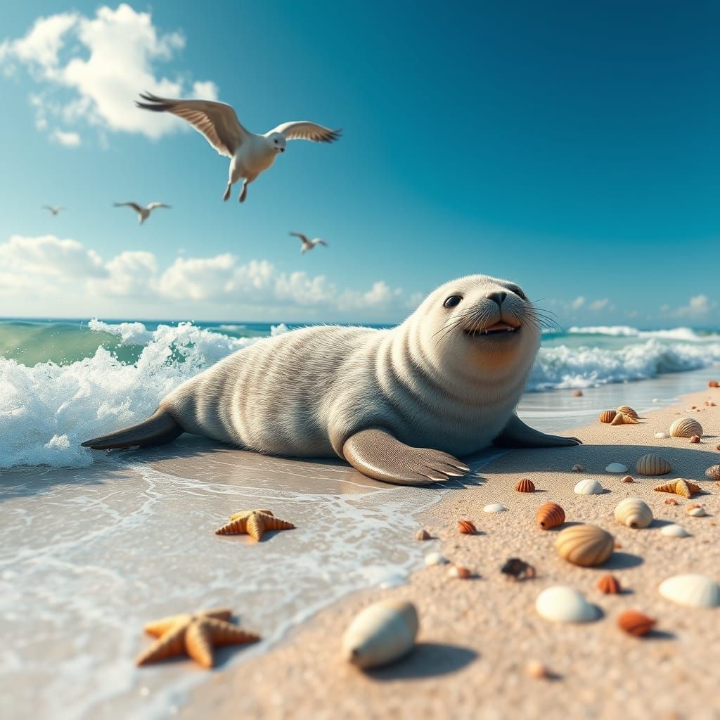 Cute Seal Howler in Photorealistic Beach Scene