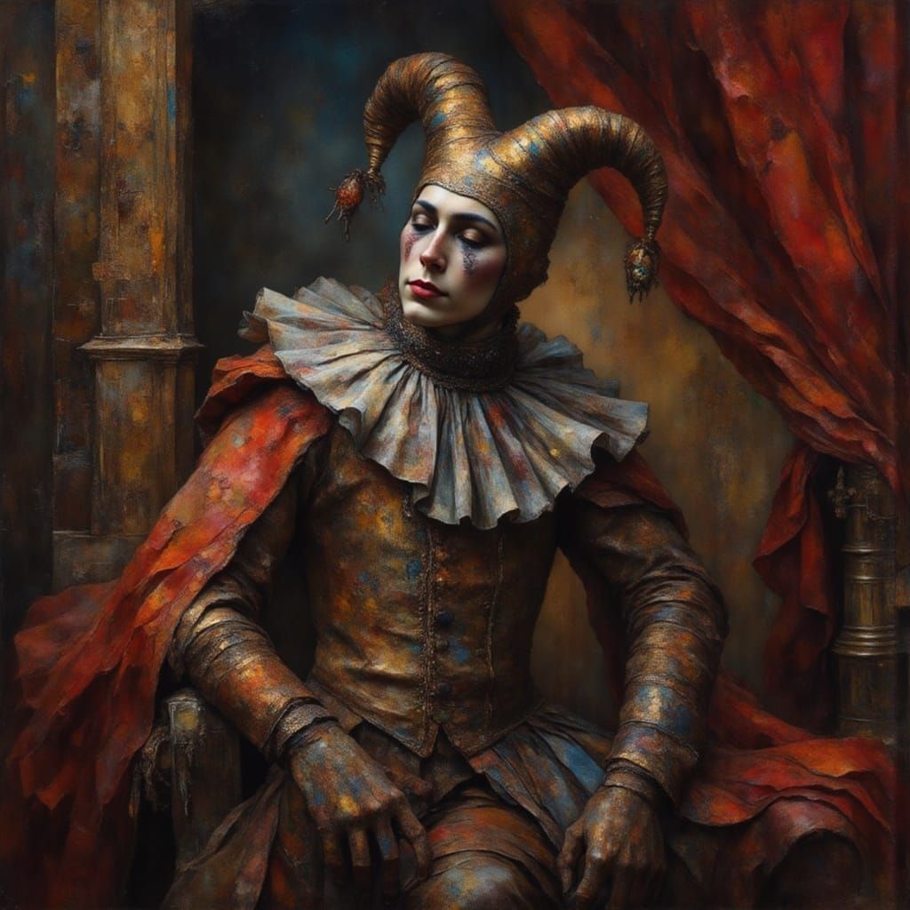 Hyperrealistic Harlequin in Ornate Theater, Dramatic Lightin...
