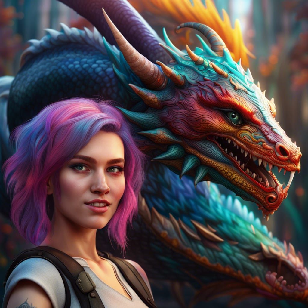 Woman's Selfie With Dragon in Detailed Fantasy Art
