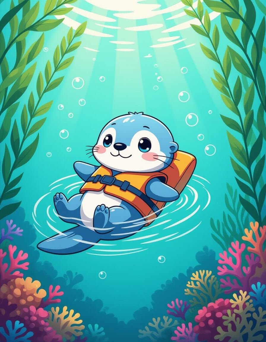 Chibi Otter Adrift in Turquoise Ocean