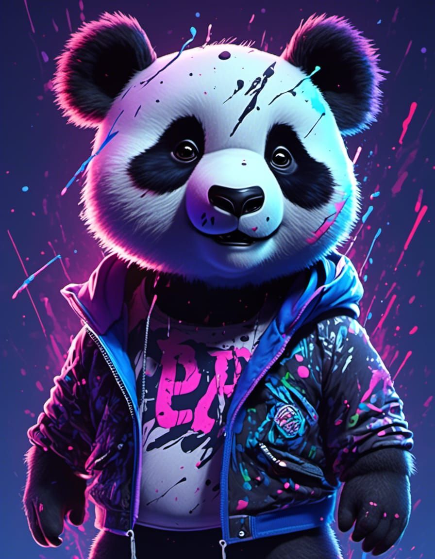 Cute Panda in Neon Lighting, Photorealistic Render