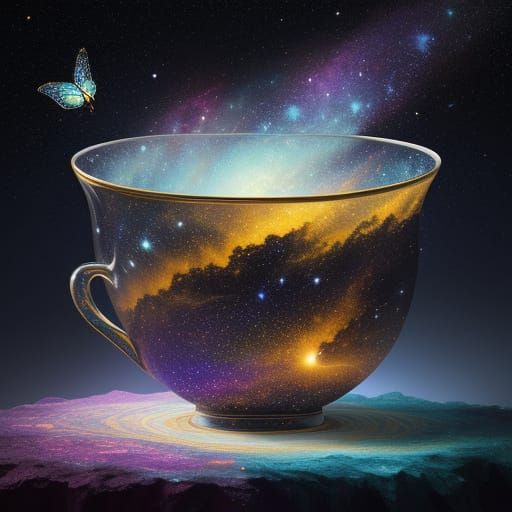 Whimsical Galaxy Teacup in Dreamlike Cosmic Landscape