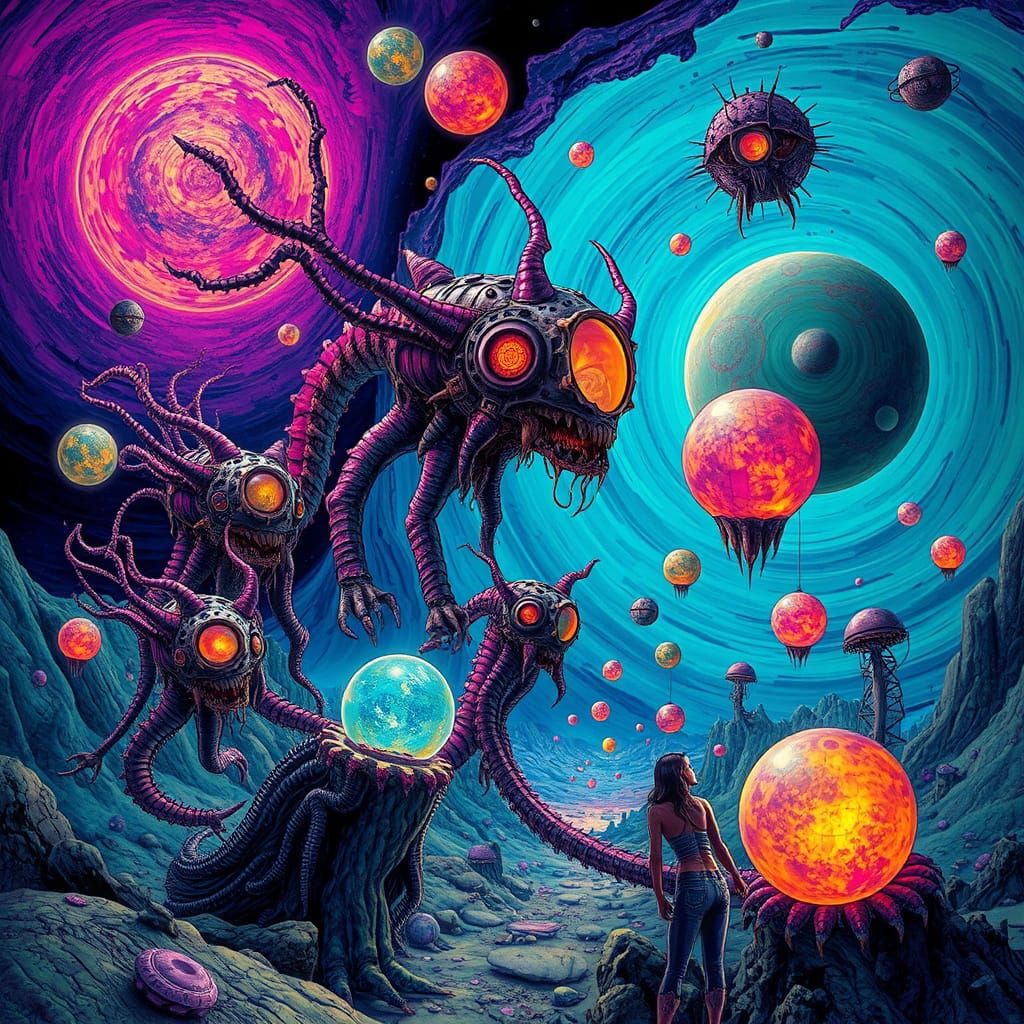 Surreal Biomechanical Landscape with Glowing Creatures