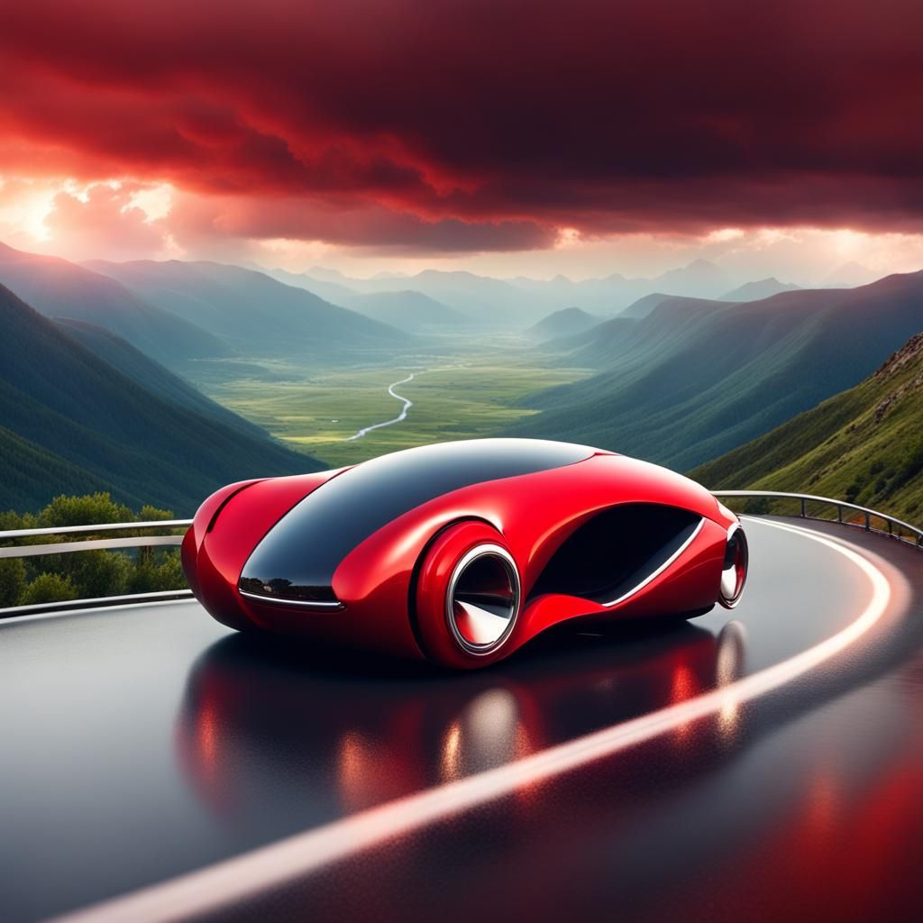 Futuristic Red Car on Mountain Road
