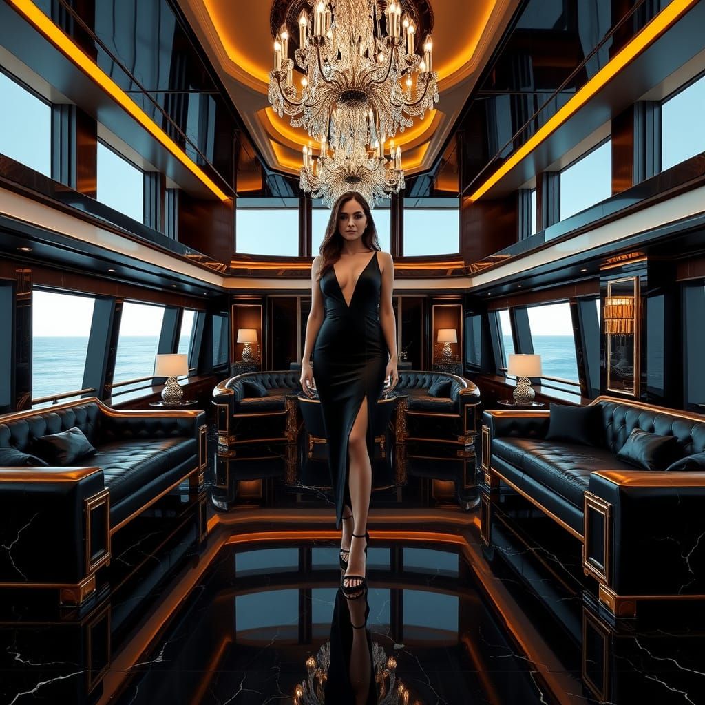 Luxury Yacht Interior with Elegant Woman, Photorealistic