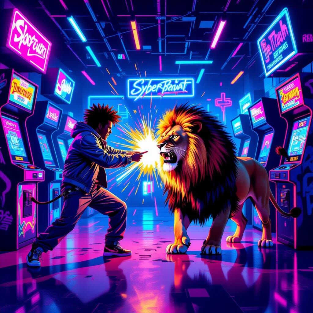 Abstract Art Battle: Lion vs. Graffiti Warrior in Neon Arcad...