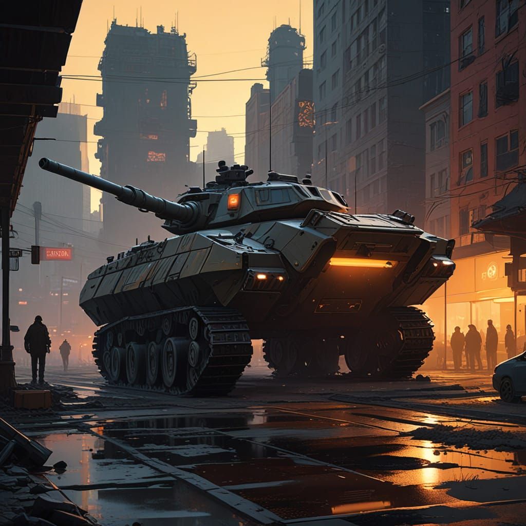 Cyberpunk War Machine Stands Amidst Ruins