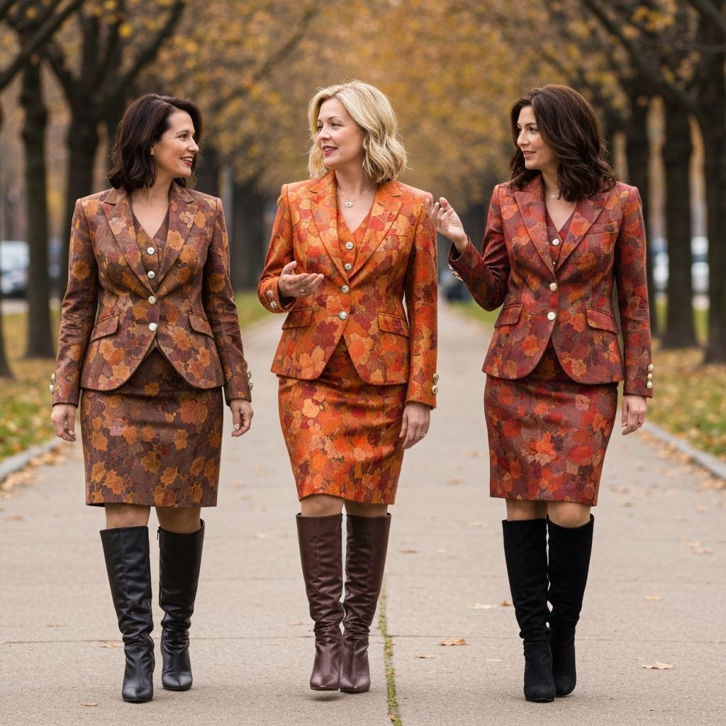 Businesswomen in Leaf Pattern Suits Walk in Autumn Park