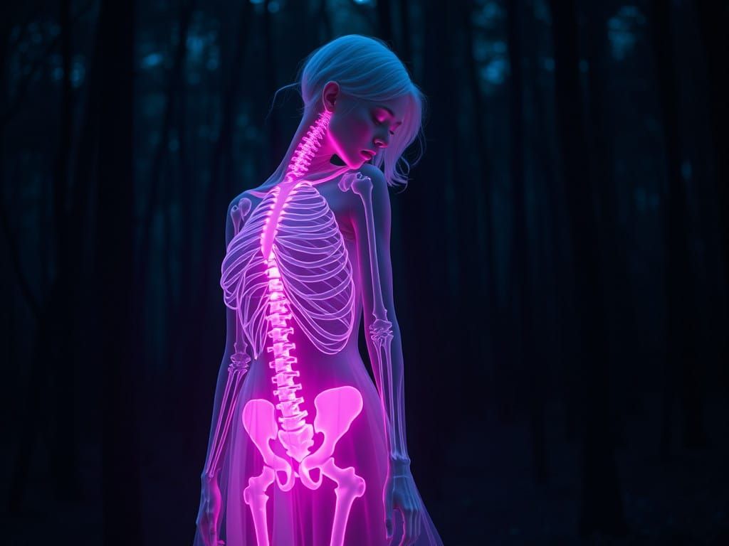 Albino Woman in Neon Skeleton, Dark Woods