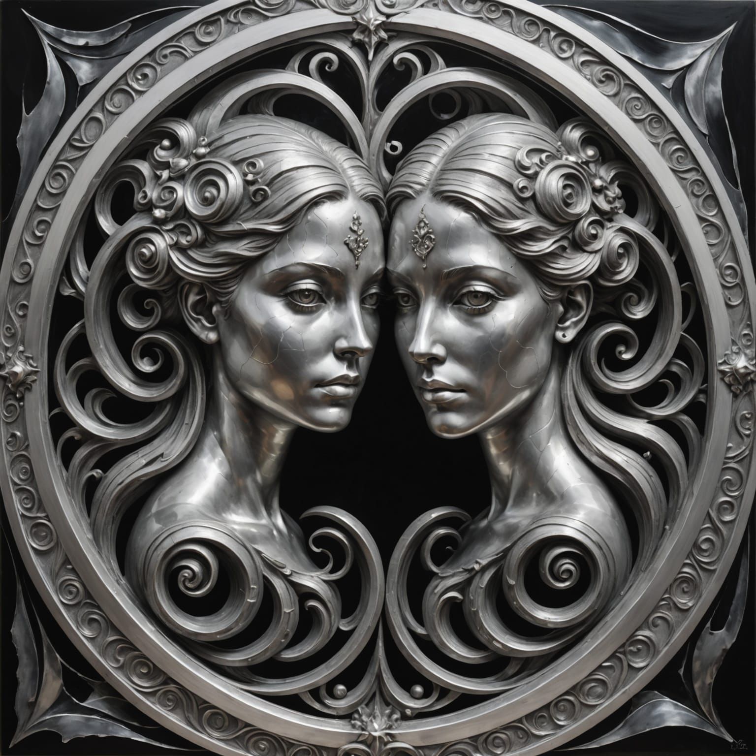 Twins Zodiac Symbol in Silver Gray on Black White Background