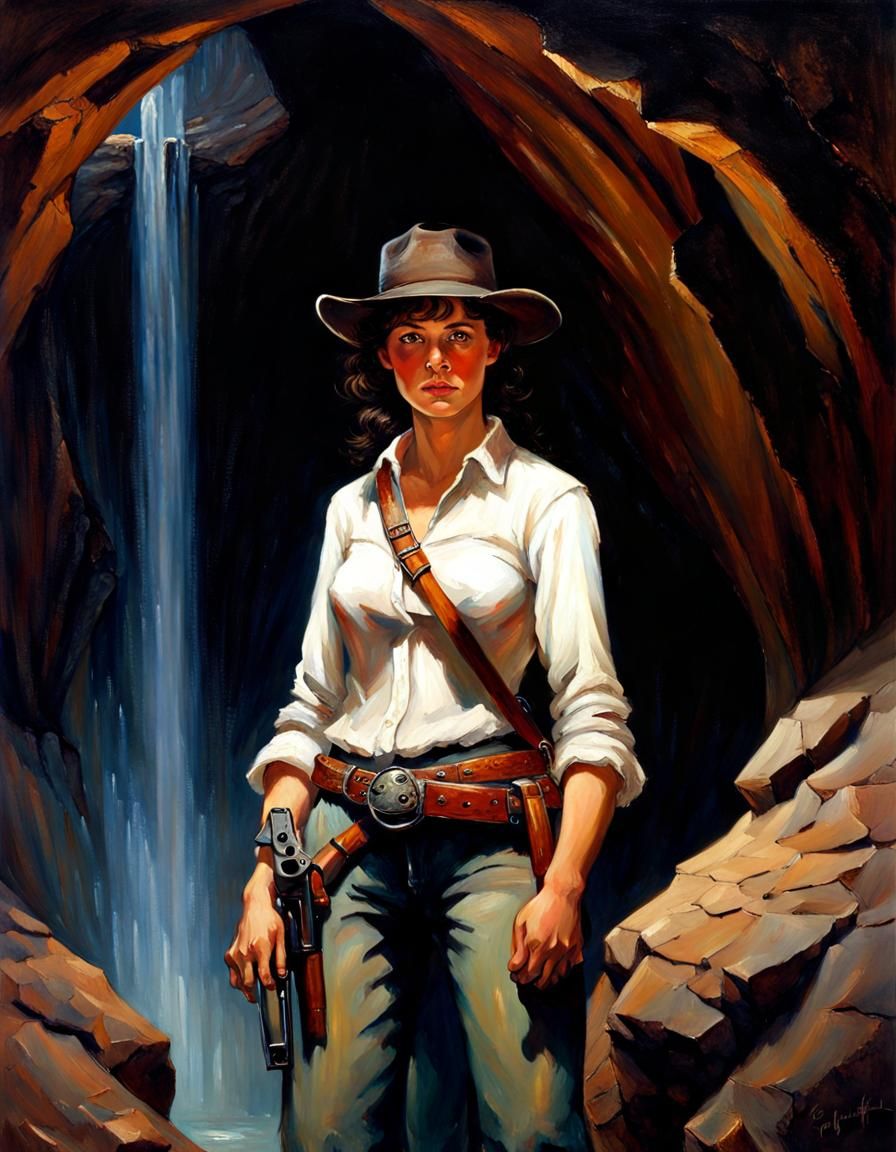 Cowboy Woman and Githyanki in Dark Cave, Oil Painting